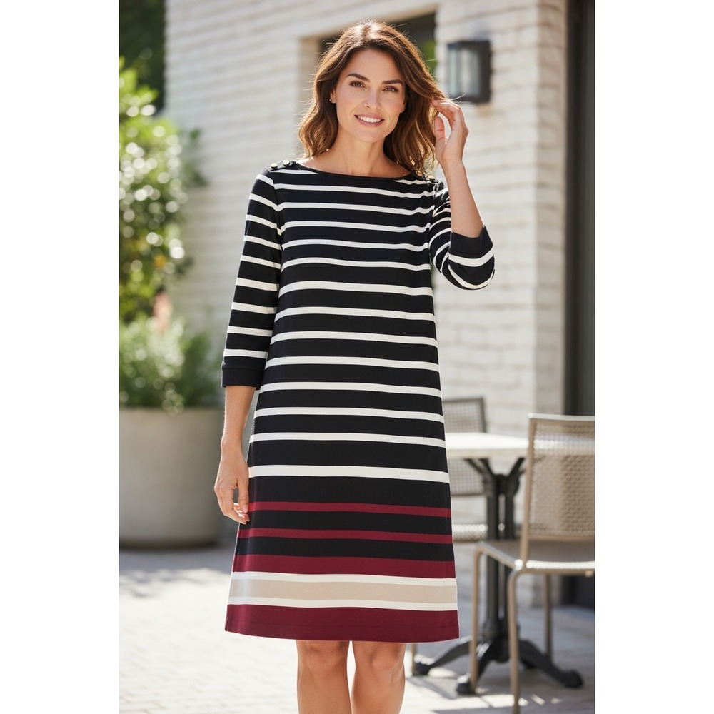 NWT White House Black Market Striped Sheath Dress B&W Burgundy 3/4 Sleeve